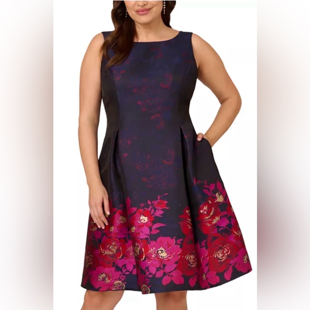 Adrianna Papell Navy Midi Dress with Pink Red Floral Border